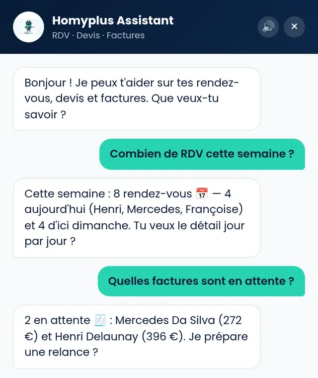Conversation avec l'assistant Homyplus : nombre de rendez-vous de la semaine et factures en attente.