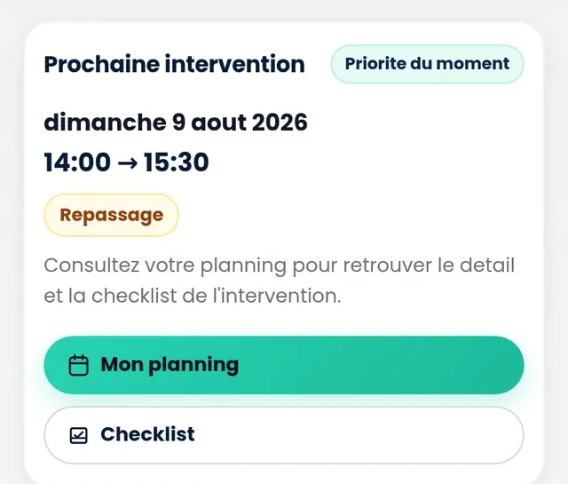 Prochaine intervention affichée dans l'espace client, à la marque du professionnel des services à la personne