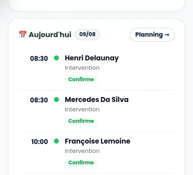 Planning des interventions du jour d'un professionnel des services à la personne dans l'application Homyplus